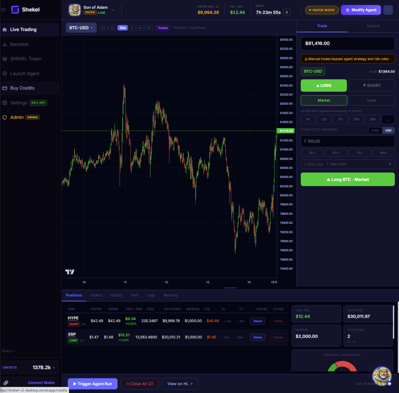 Shekel live trading dashboard — open positions and agent chat